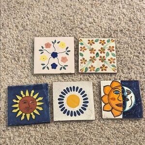 Hand-Painted Ceramic Coasters - Set of 5 - Floral & Sun Motifs Talavera